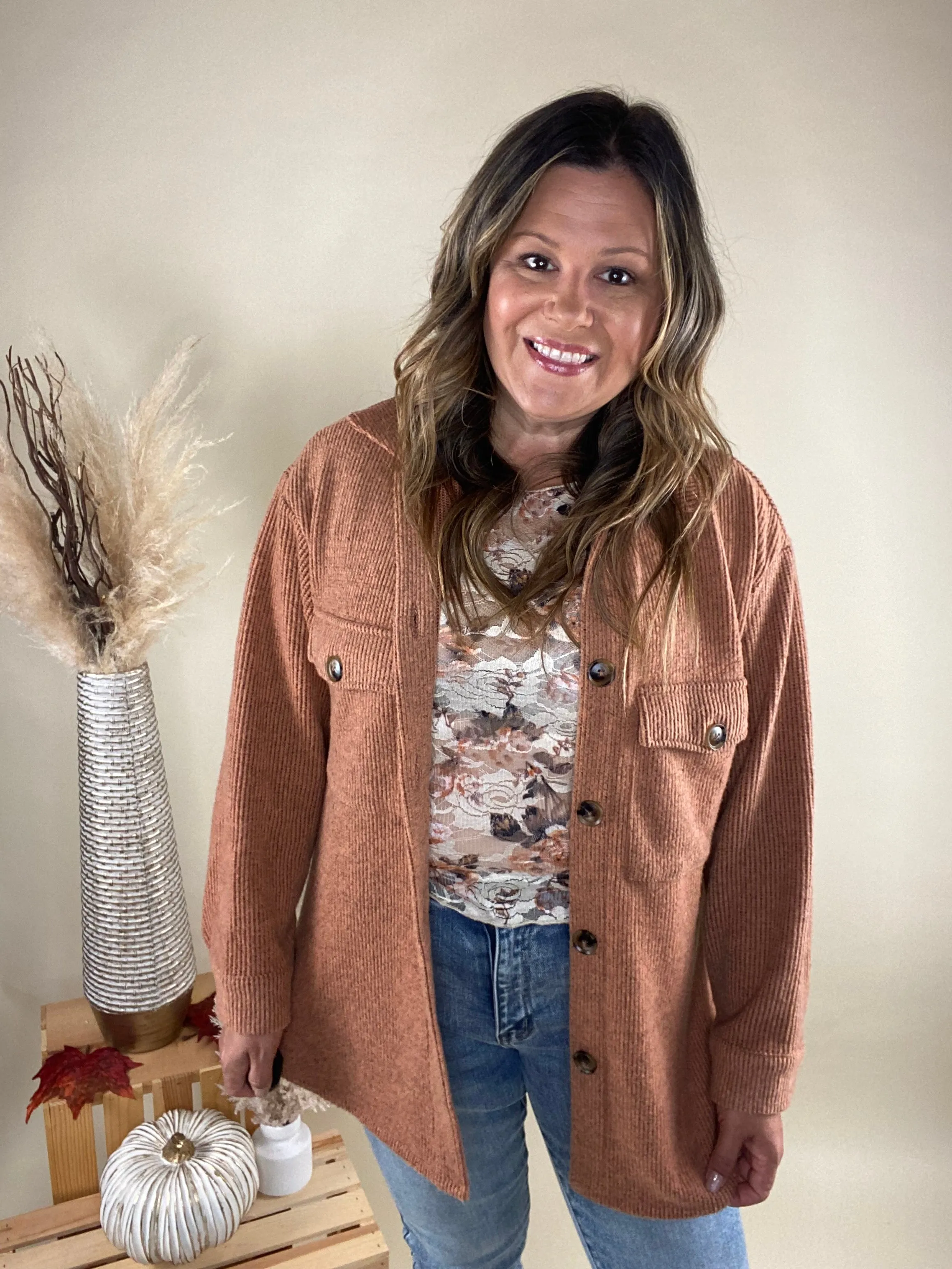 At The Harvest Festival Button Down Shacket In Rust