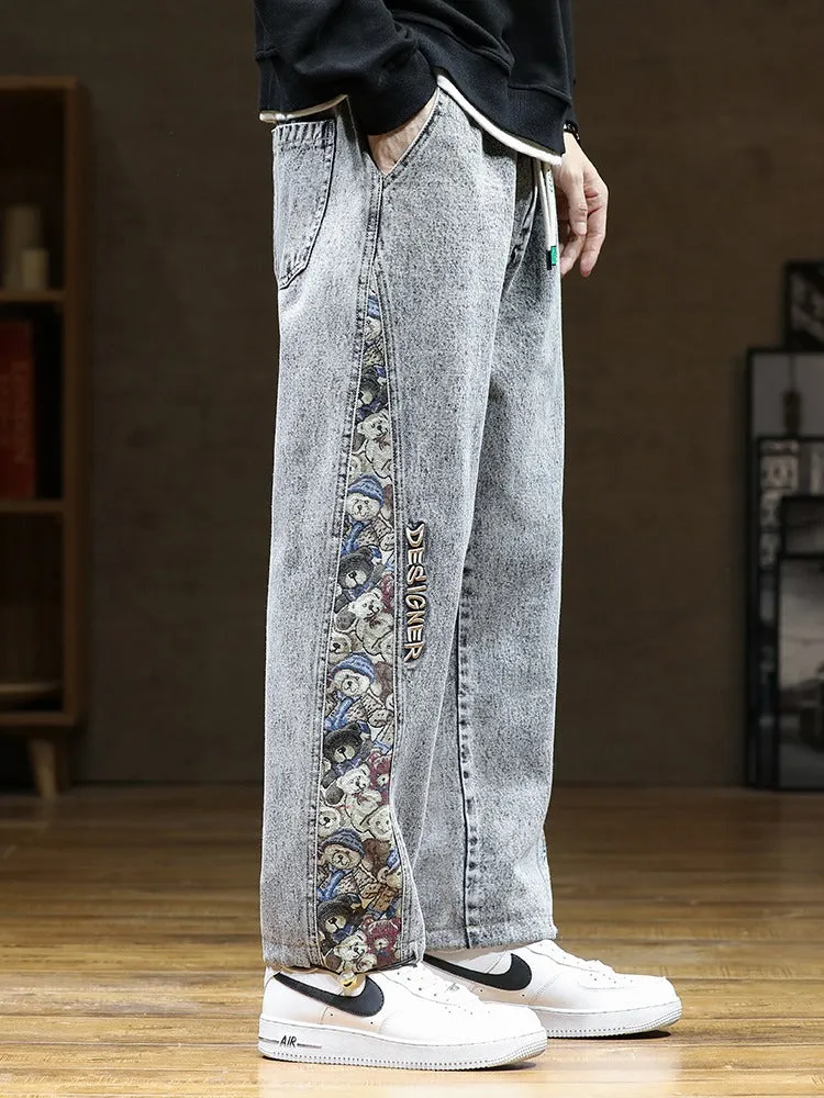 Baggy Embroidered Jeans - Bears