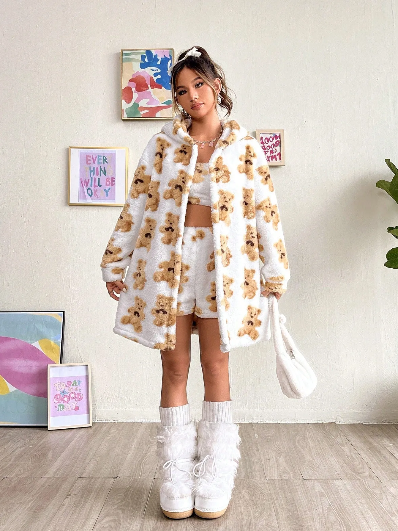Bear Pattern Drop Shoulder Hooded Teddy Coat & Shorts FW23 FD