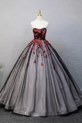 Black Strapless Tulle Sequins Long Prom Dress, A-Line Evening Party Dress