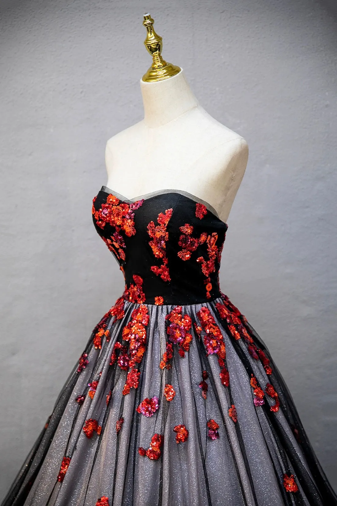Black Strapless Tulle Sequins Long Prom Dress, A-Line Evening Party Dress