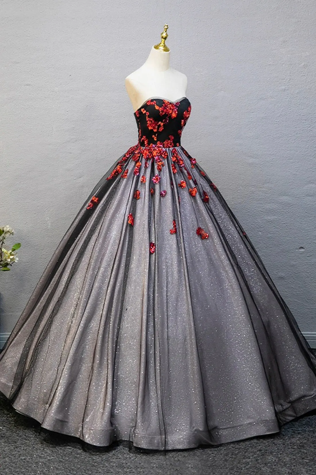 Black Strapless Tulle Sequins Long Prom Dress, A-Line Evening Party Dress