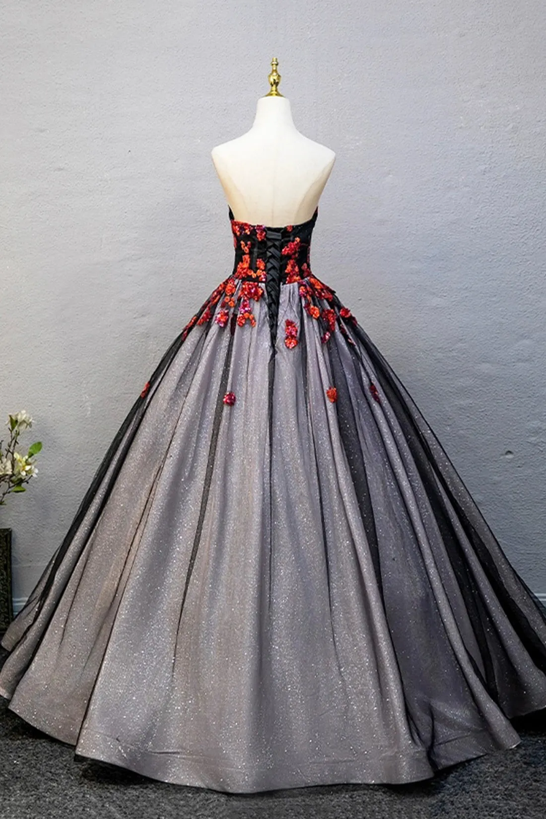 Black Strapless Tulle Sequins Long Prom Dress, A-Line Evening Party Dress