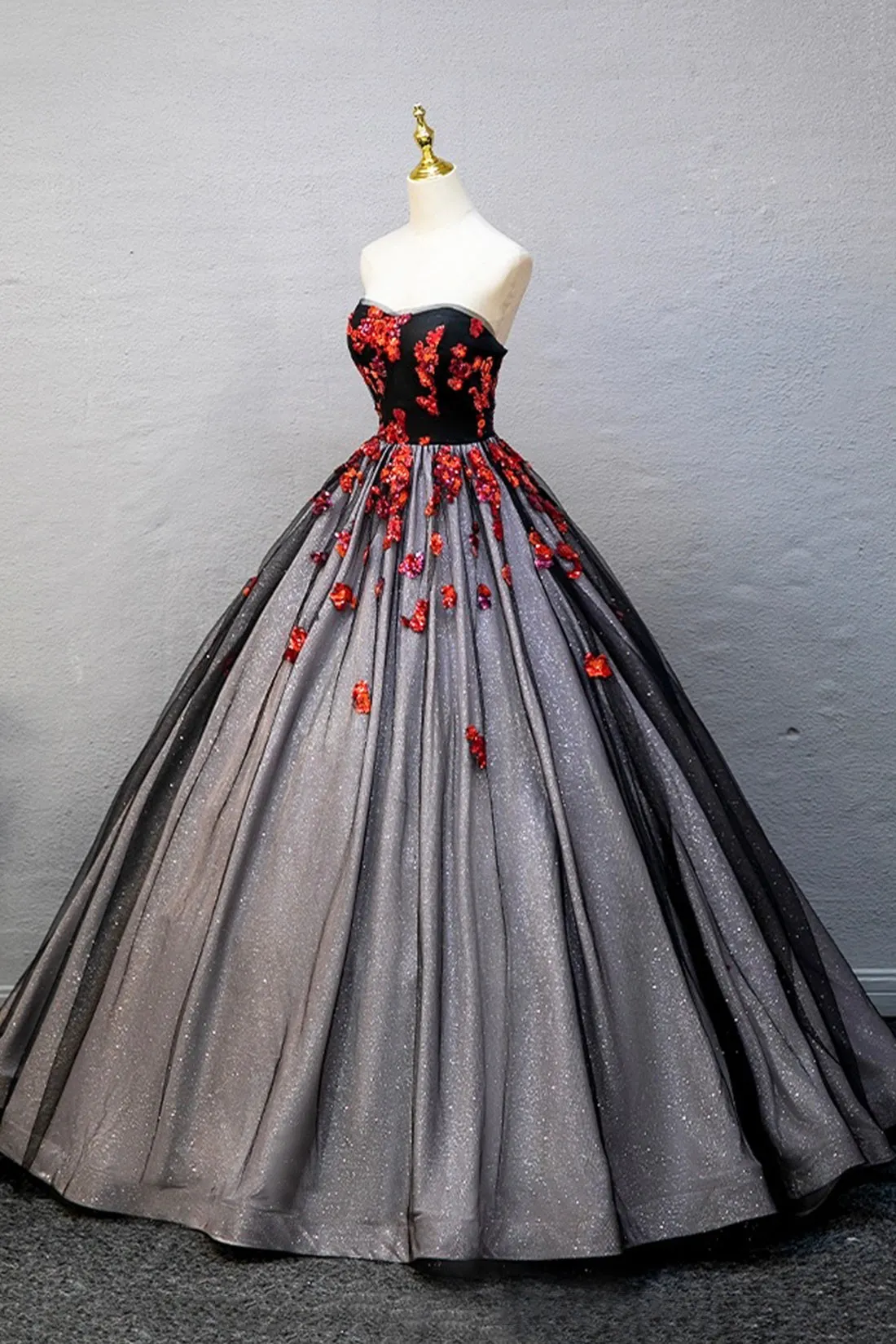 Black Strapless Tulle Sequins Long Prom Dress, A-Line Evening Party Dress