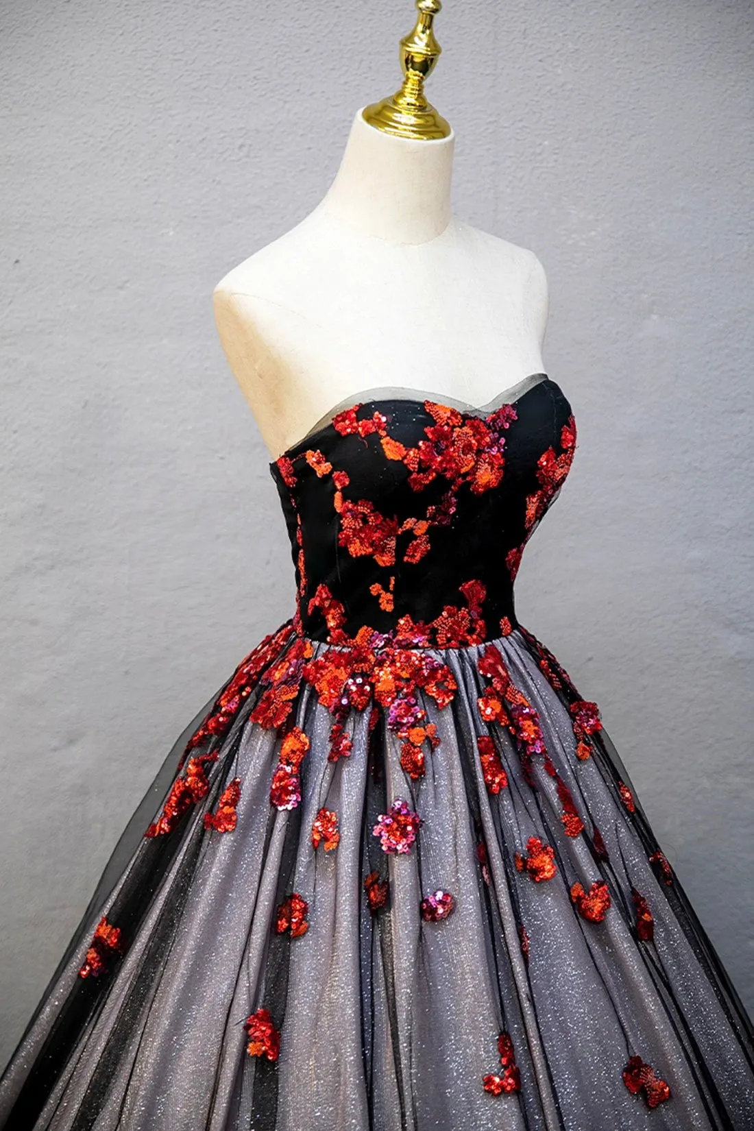 Black Strapless Tulle Sequins Long Prom Dress, A-Line Evening Party Dress