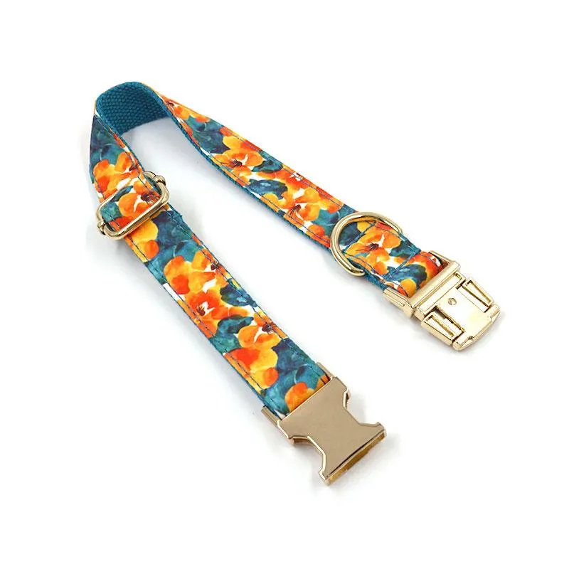 Custom Dog Collar Engraved Quick Release Gold Metal Buckle Blue Hawaii Printed