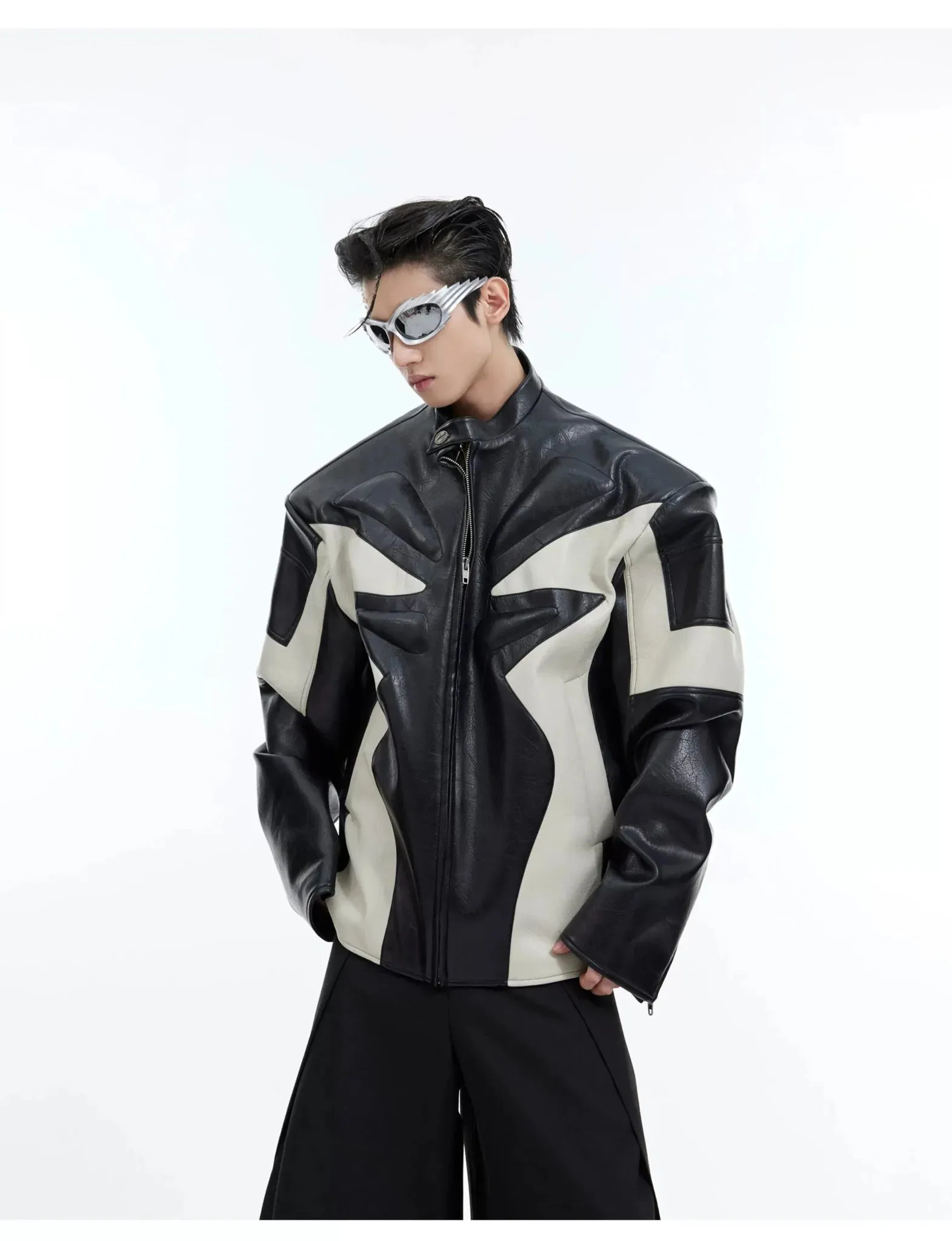 Deconstructed Embossed Design Jacket | Color-Block Short Biker Faux Leather Coat
