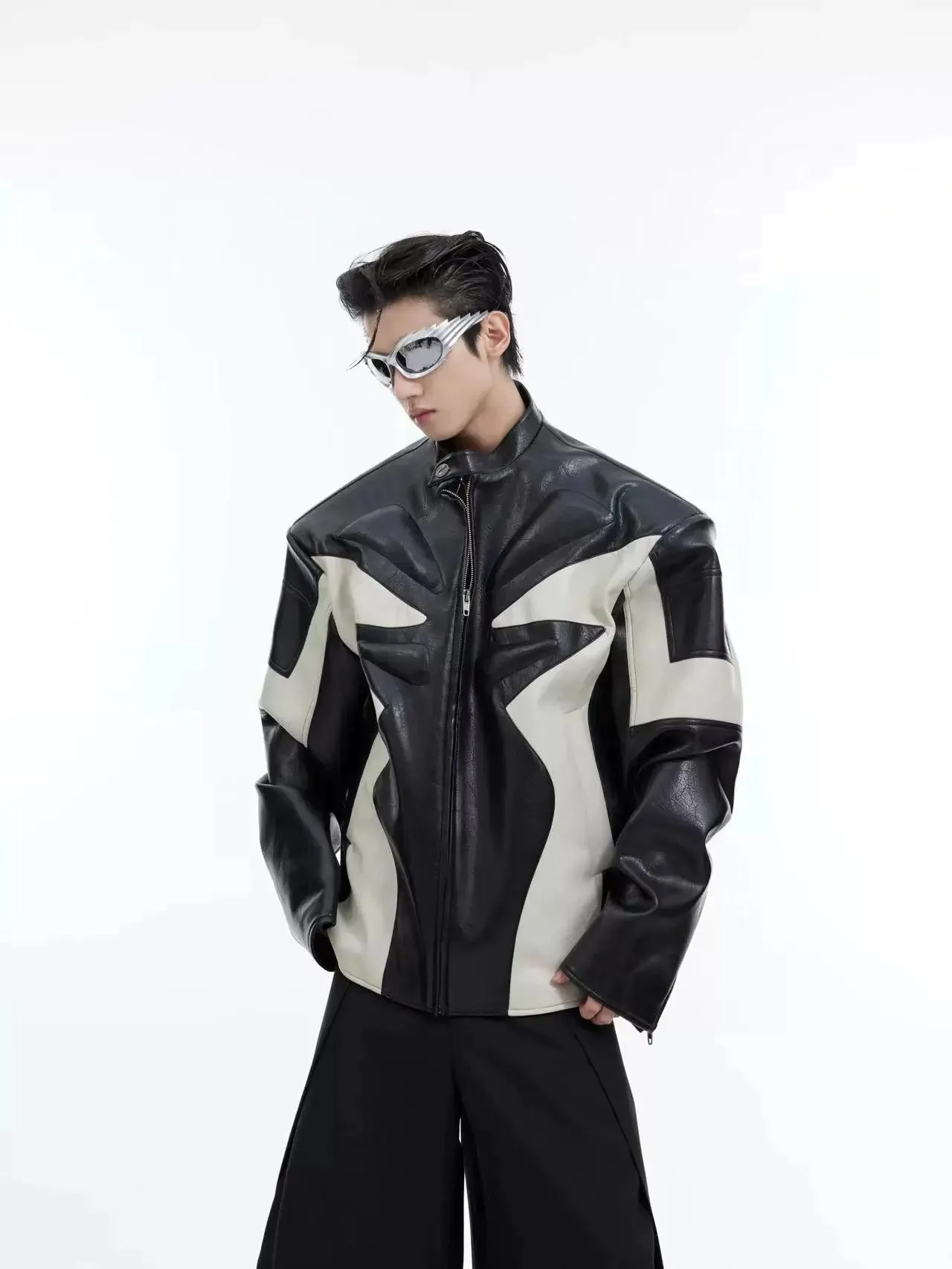Deconstructed Embossed Design Jacket | Color-Block Short Biker Faux Leather Coat