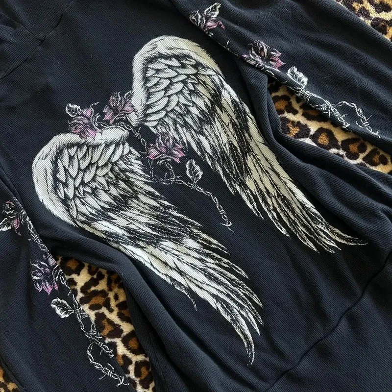 Fashionkova 00s Aesthetic Vintage Jacket Y2k Grunge Zip Up Sweatshirt Flower Wings Print Slim Fit Hoodies E-girl Gothic Cool Street Outwear