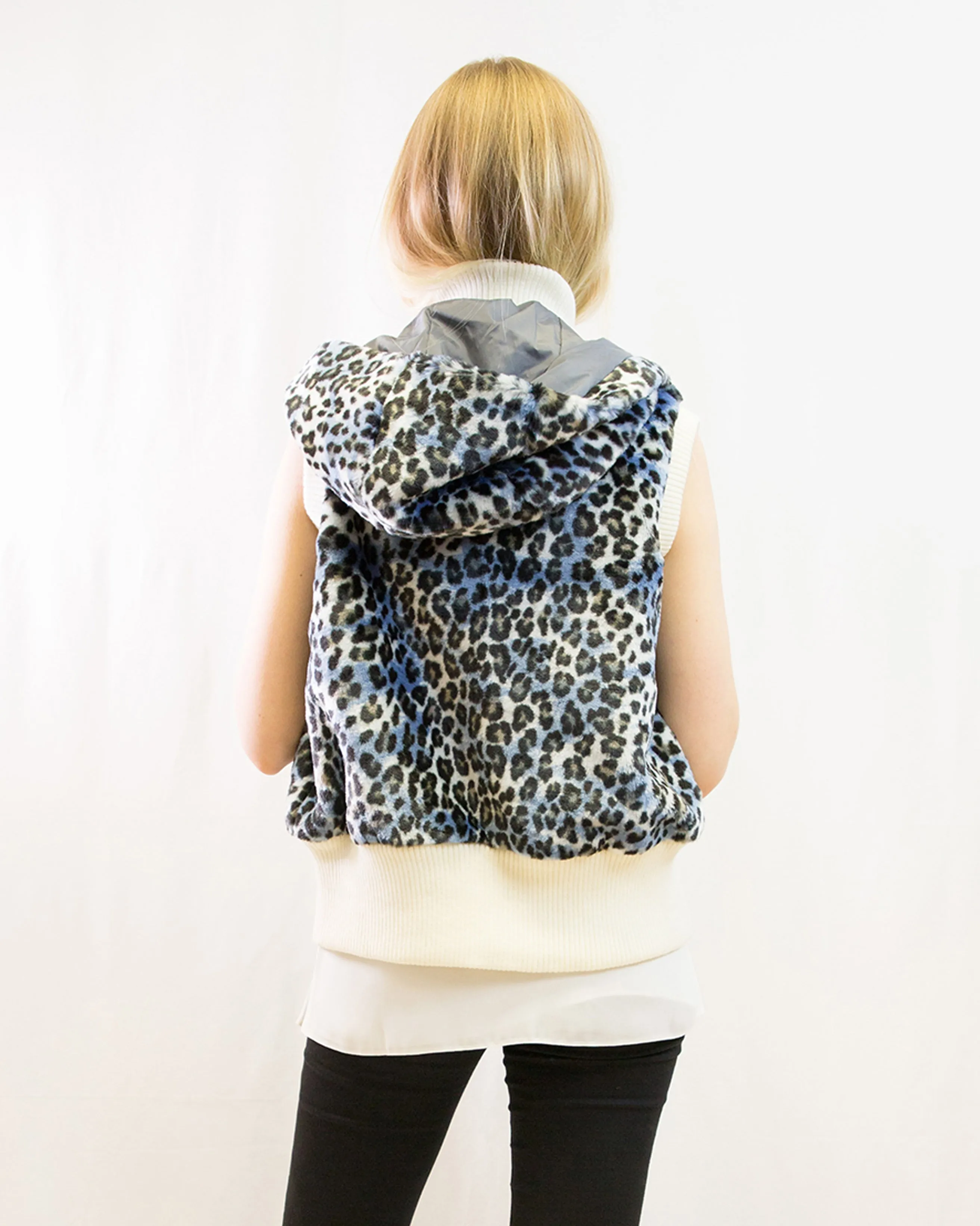 Fuax Fur Short Gilet with removeable hoody (Blue)