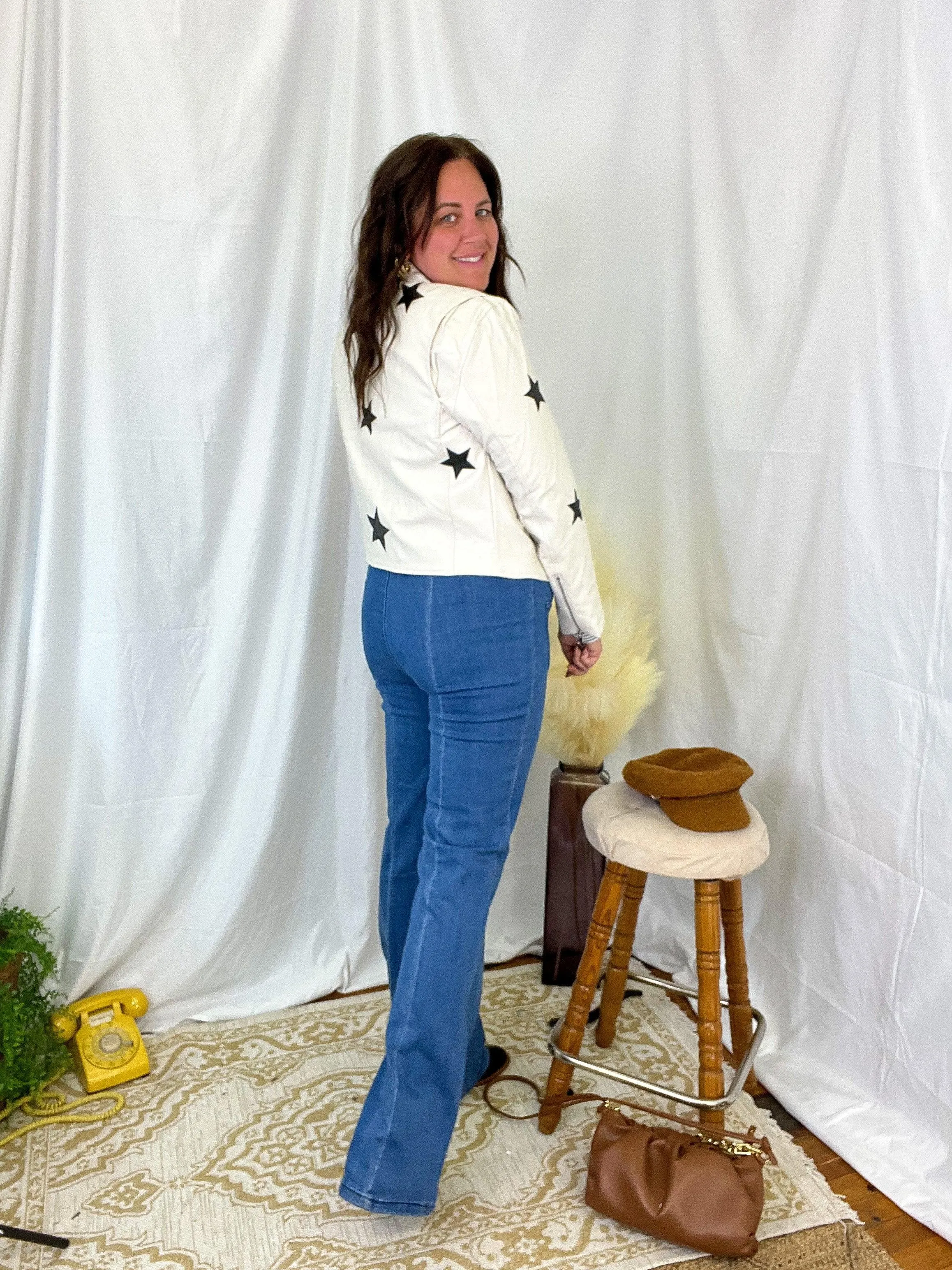 High Waist Button Fly Patch Pocket Flared Jeans