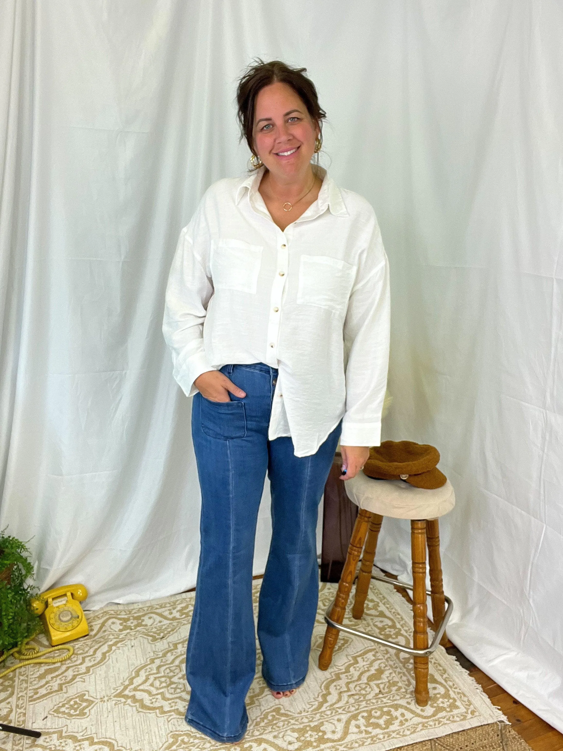 High Waist Button Fly Patch Pocket Flared Jeans