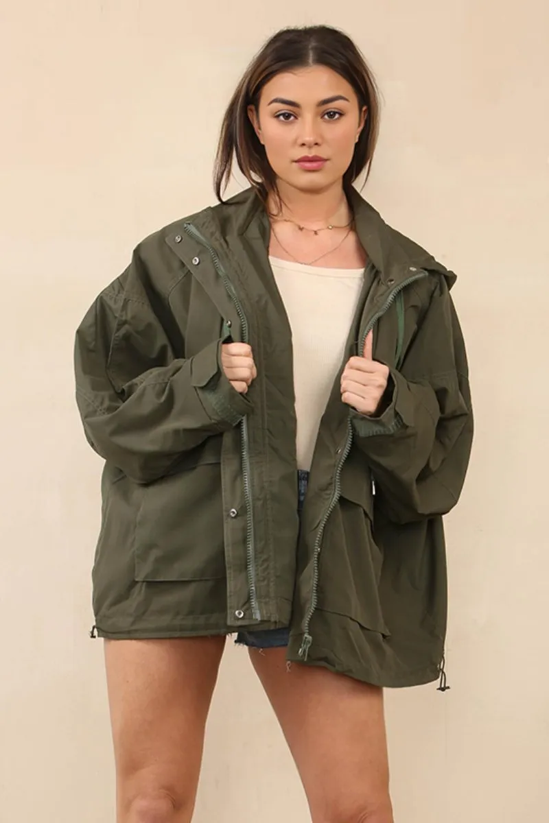 Khaki Street Drawstring Hood Stand Collar Flap Pocket Trench Coat