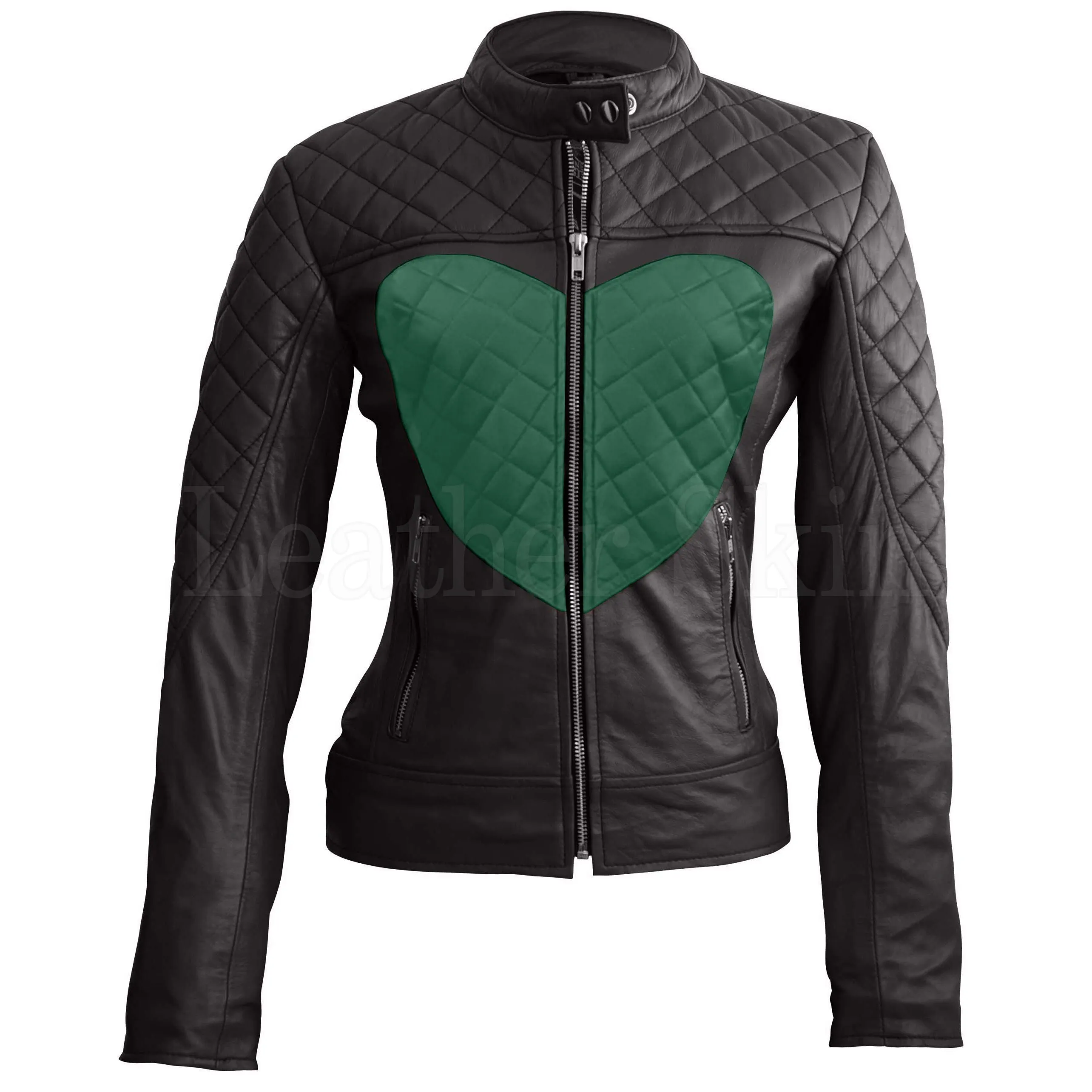 Leather Skin Women Shoulder Quilted Green Love Heart Genuine Leather Jacket