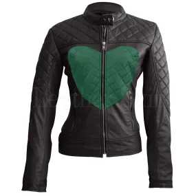 Leather Skin Women Shoulder Quilted Green Love Heart Genuine Leather Jacket