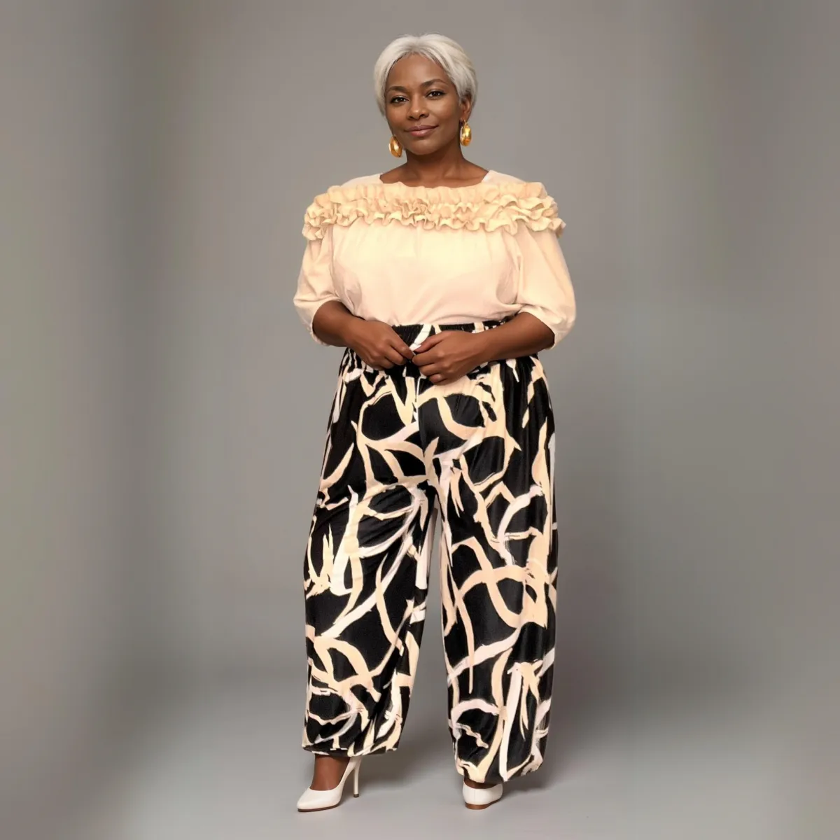 ROCKTHOSECURVES HIGH WAIST ABSTRACT HAREM PANTS WITH ELASTIC HEMS