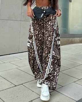 Spliced Leopard Print Casual Wide-Leg Pants