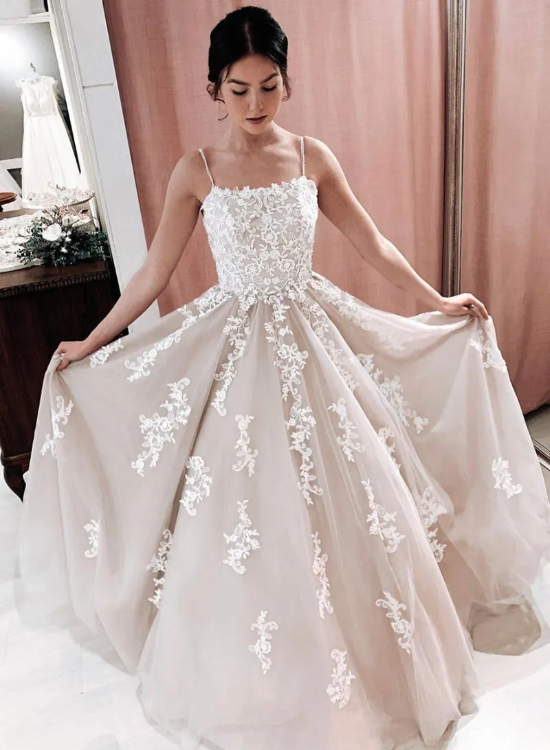 Stylish Spaghetti Strap Tulle Lace Long Prom Dress, A-Line Evening Party Dress