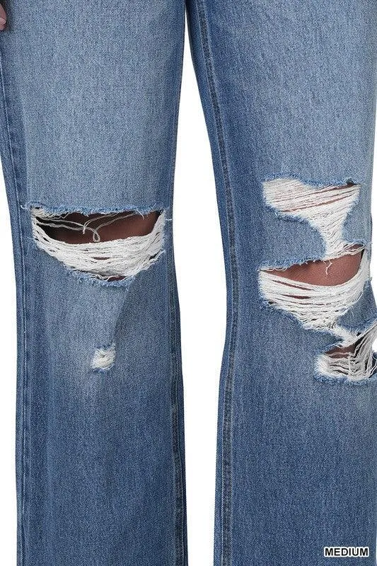 Super High Rise Wide Leg Button Fly Distressed Jeans