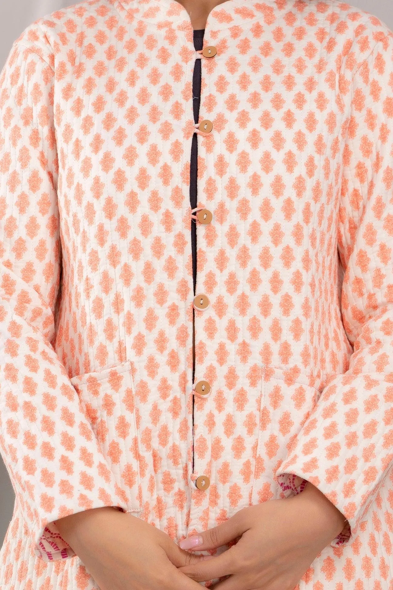 Women Printed Lightweight Cotton Quilted Peach Jacket - SHKL1017