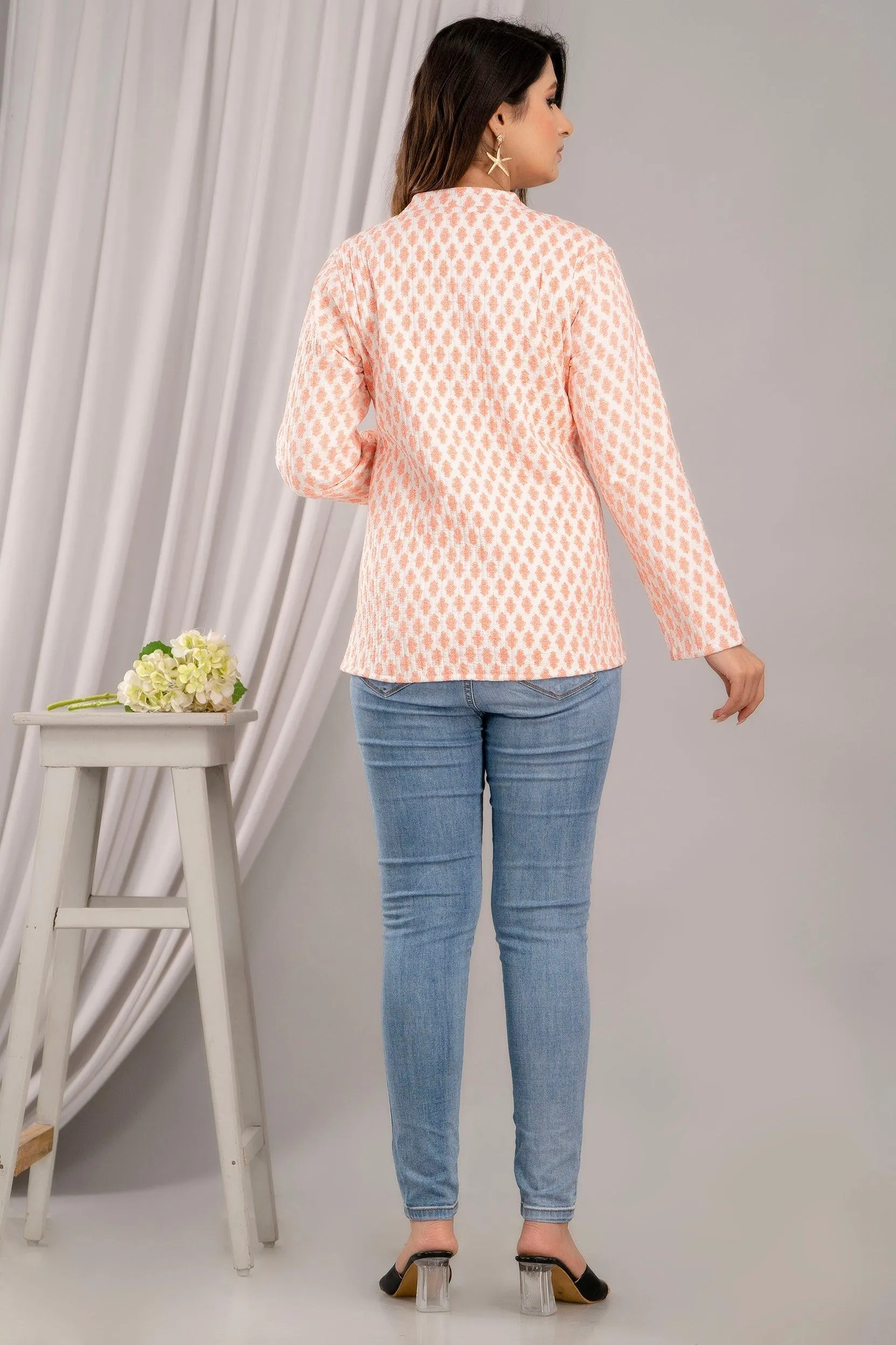 Women Printed Lightweight Cotton Quilted Peach Jacket - SHKL1017