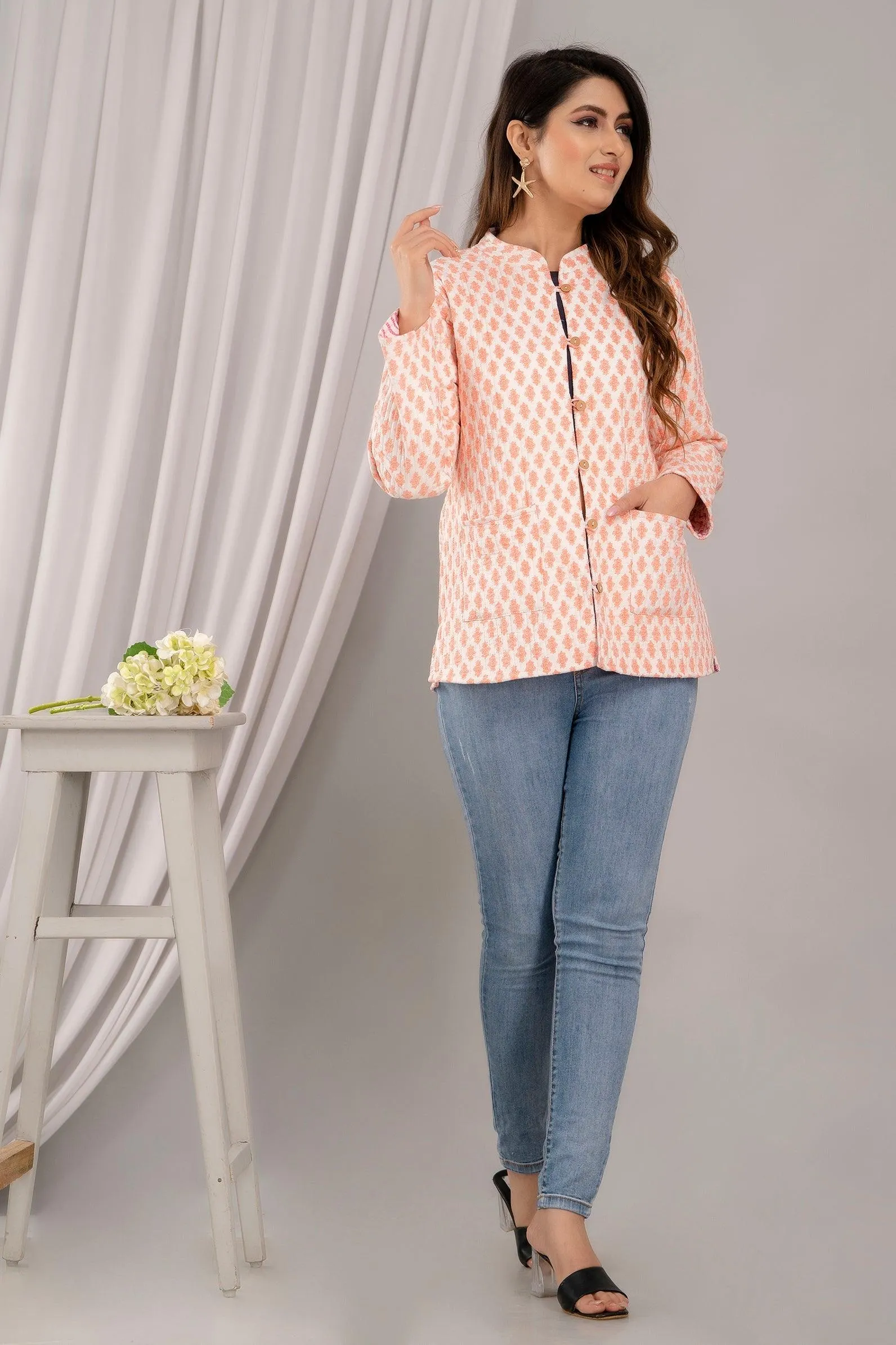 Women Printed Lightweight Cotton Quilted Peach Jacket - SHKL1017
