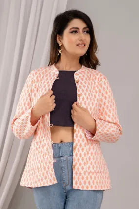 Women Printed Lightweight Cotton Quilted Peach Jacket - SHKL1017