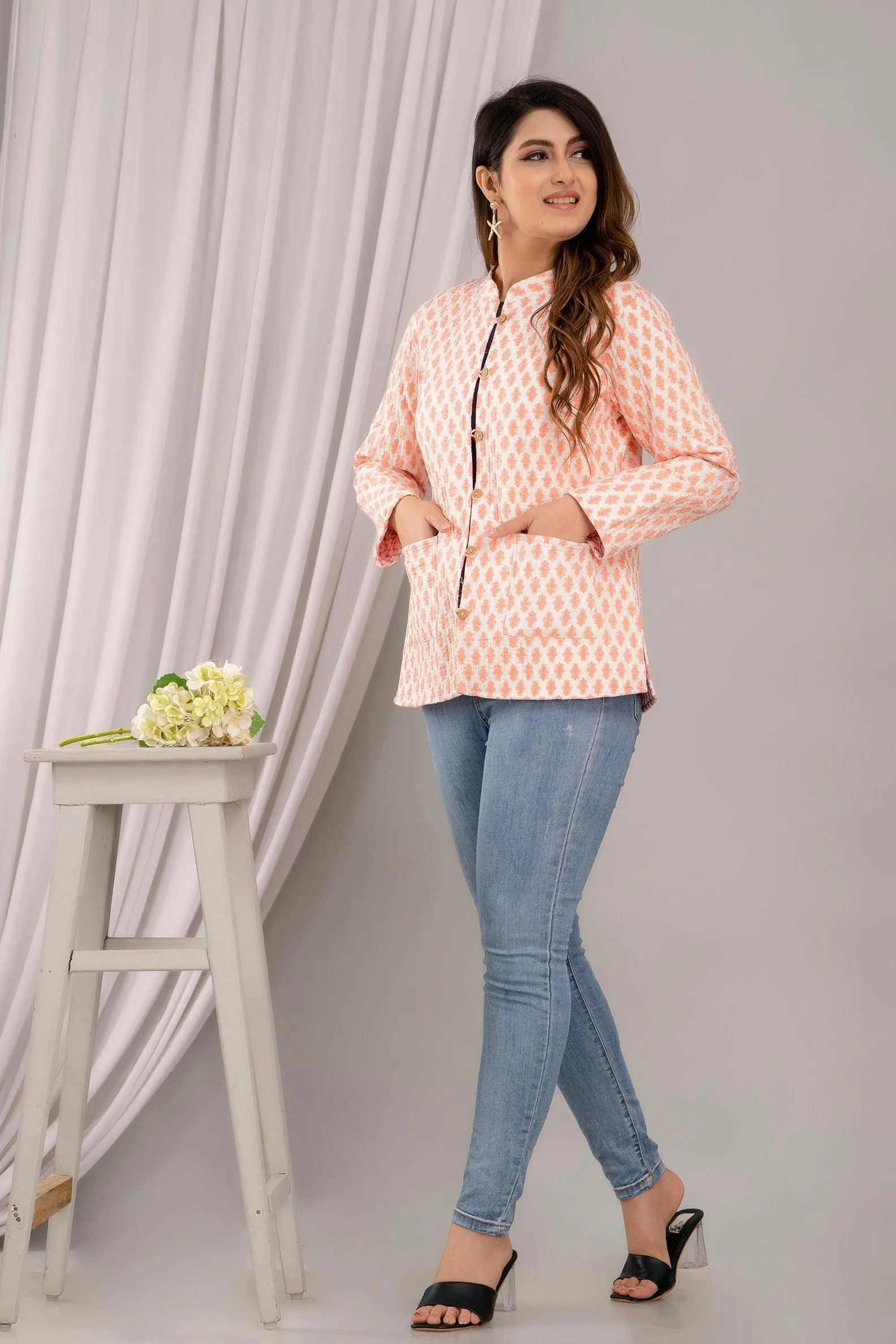 Women Printed Lightweight Cotton Quilted Peach Jacket - SHKL1017