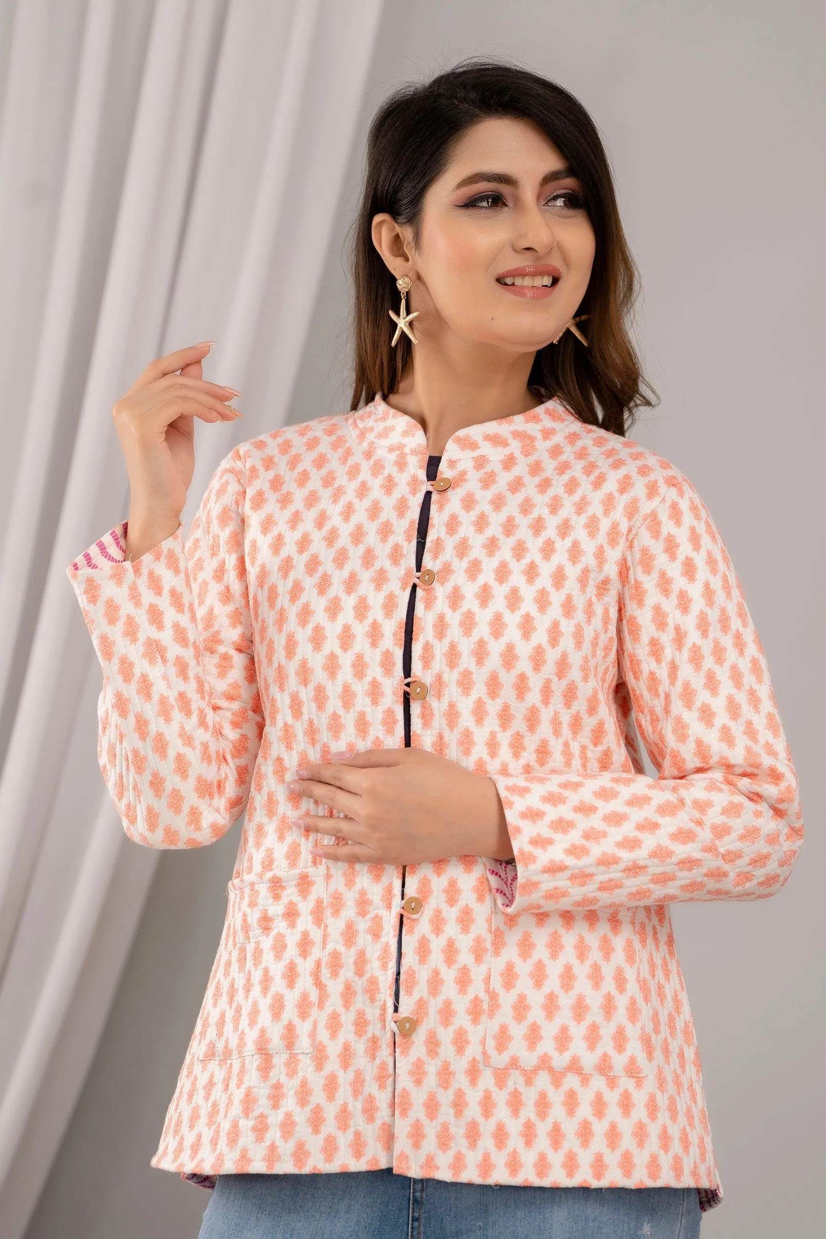 Women Printed Lightweight Cotton Quilted Peach Jacket - SHKL1017