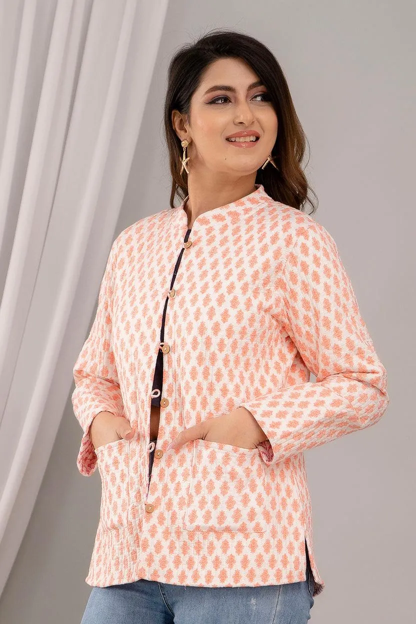 Women Printed Lightweight Cotton Quilted Peach Jacket - SHKL1017