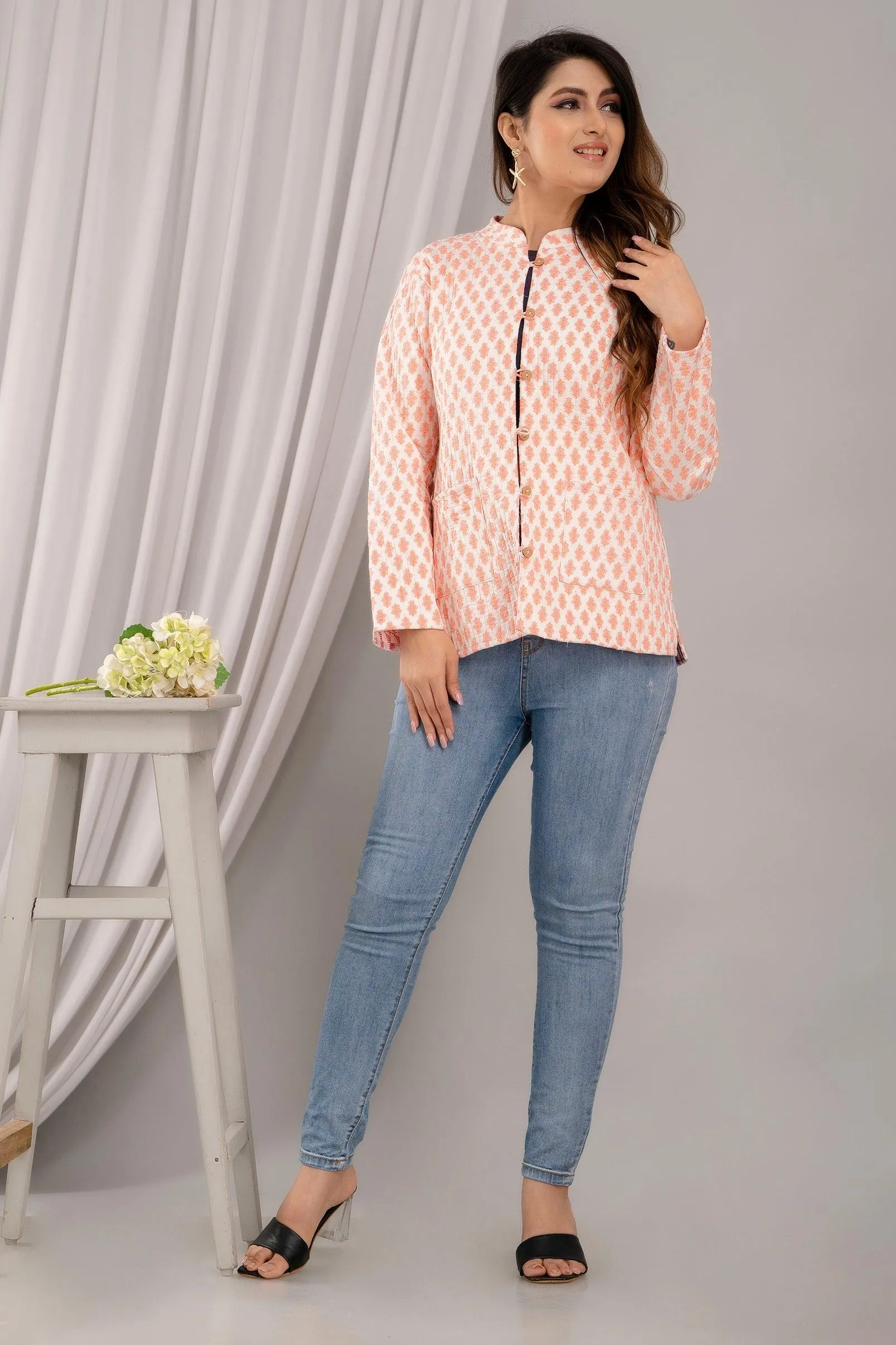 Women Printed Lightweight Cotton Quilted Peach Jacket - SHKL1017