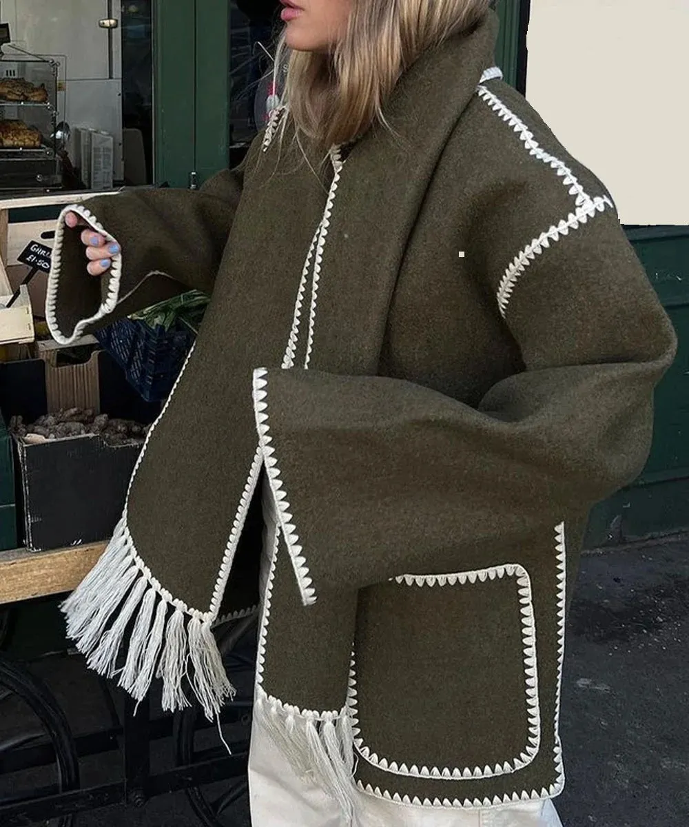Women's Warm Embroidered Scarf Jacket with Pockets | Ideal for Autumn/Winter