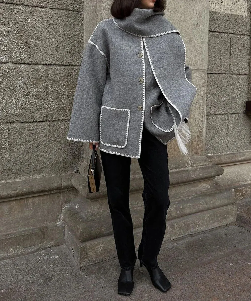 Women's Warm Embroidered Scarf Jacket with Pockets | Ideal for Autumn/Winter