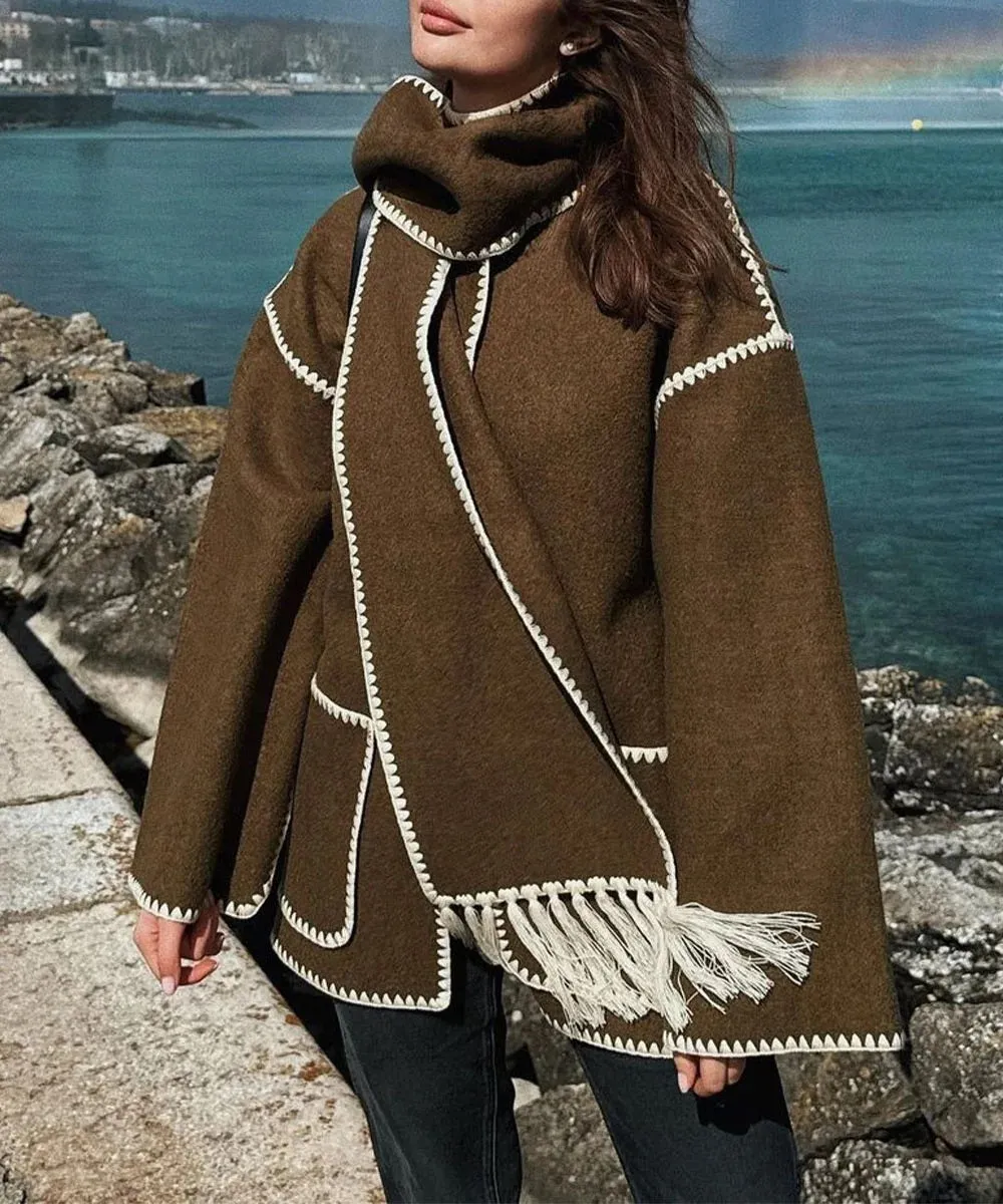 Women's Warm Embroidered Scarf Jacket with Pockets | Ideal for Autumn/Winter