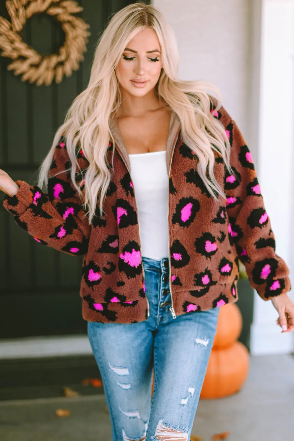 Zip Up Stand Collar Sherpa Leopard Teddy Jacket