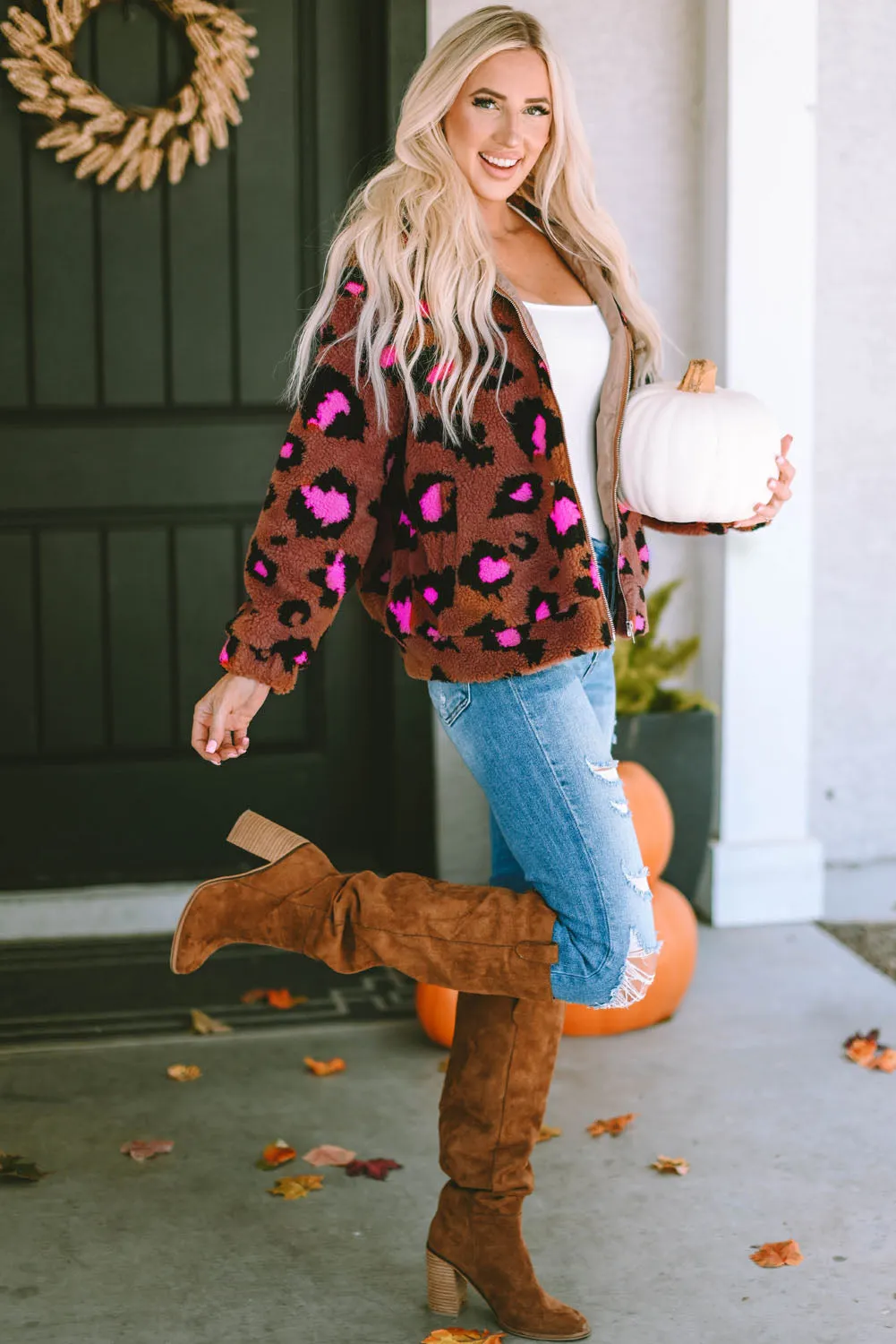 Zip Up Stand Collar Sherpa Leopard Teddy Jacket