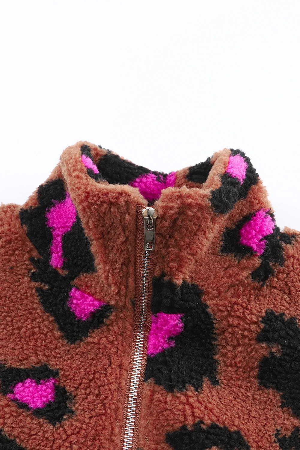 Zip Up Stand Collar Sherpa Leopard Teddy Jacket
