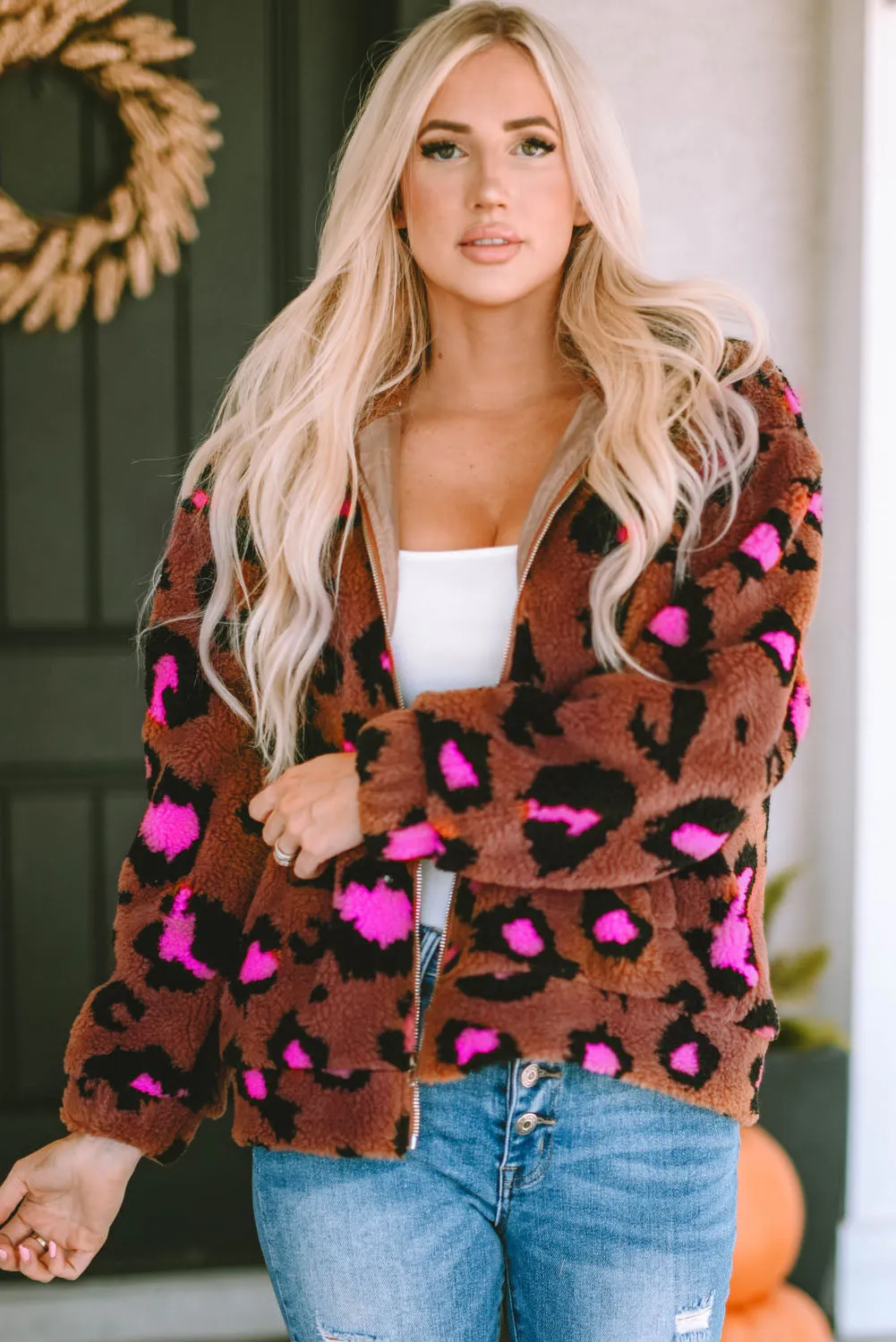 Zip Up Stand Collar Sherpa Leopard Teddy Jacket