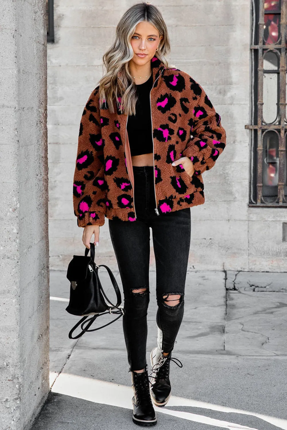 Zip Up Stand Collar Sherpa Leopard Teddy Jacket