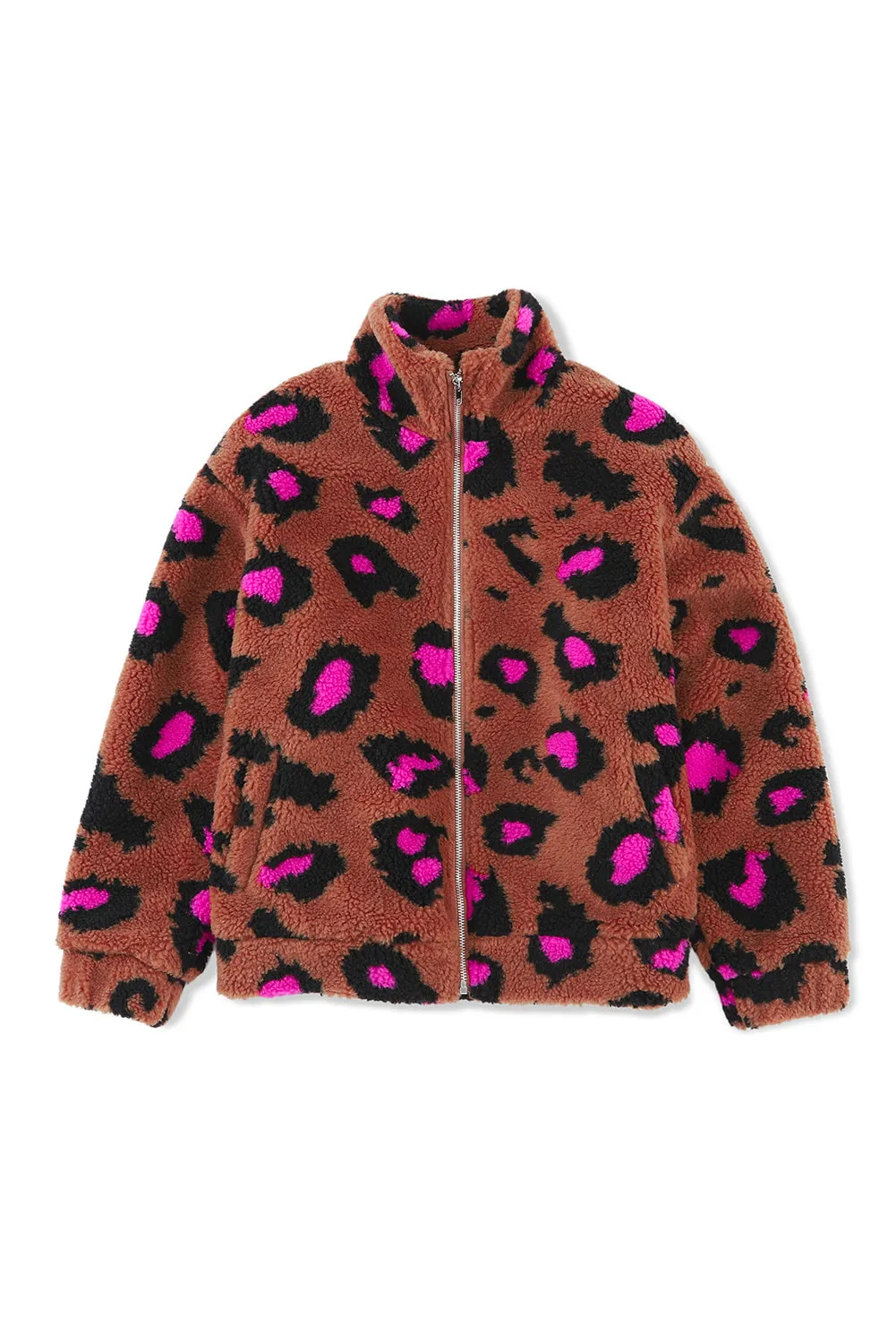 Zip Up Stand Collar Sherpa Leopard Teddy Jacket