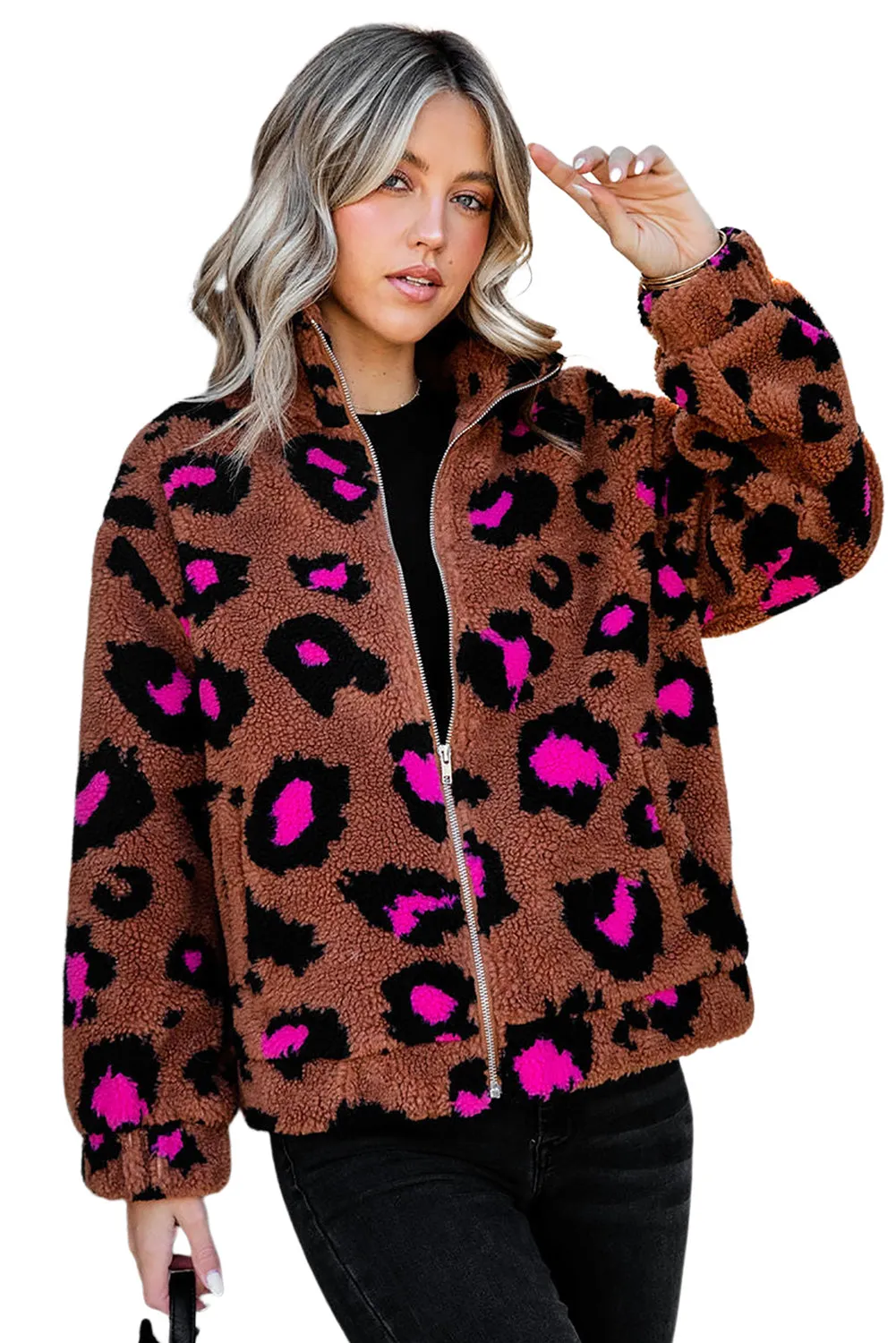 Zip Up Stand Collar Sherpa Leopard Teddy Jacket