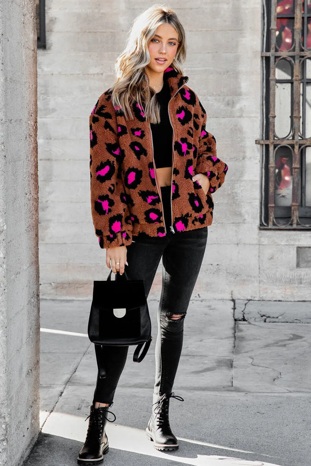 Zip Up Stand Collar Sherpa Leopard Teddy Jacket