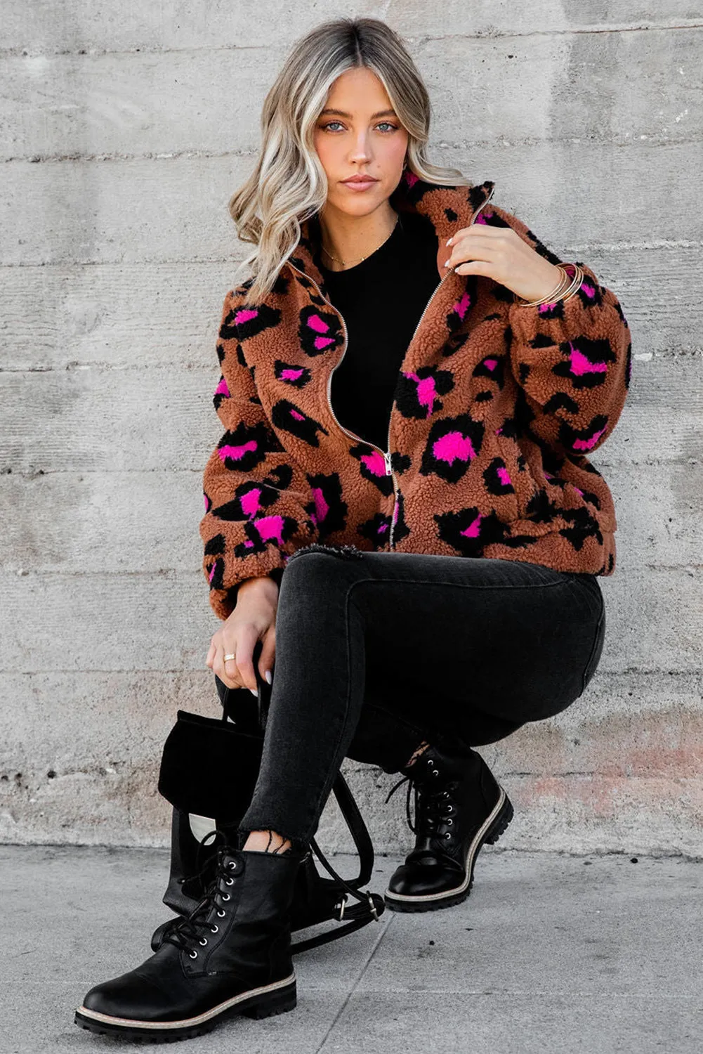 Zip Up Stand Collar Sherpa Leopard Teddy Jacket