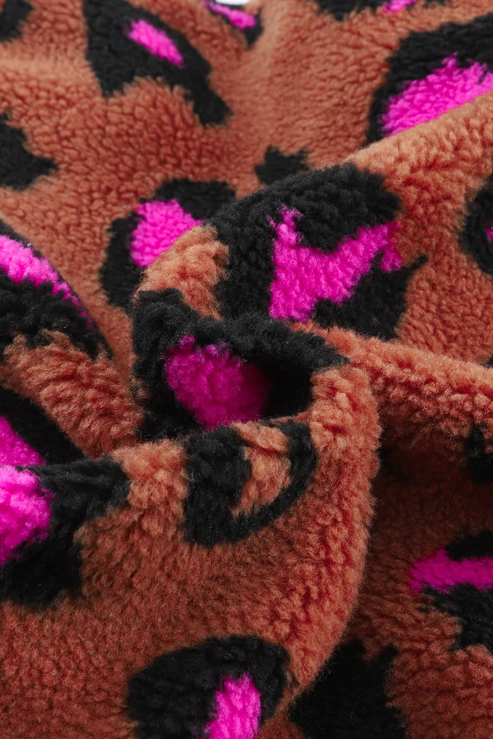 Zip Up Stand Collar Sherpa Leopard Teddy Jacket