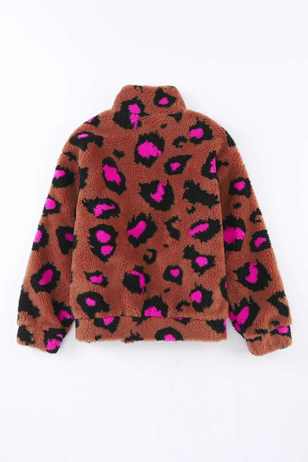 Zip Up Stand Collar Sherpa Leopard Teddy Jacket