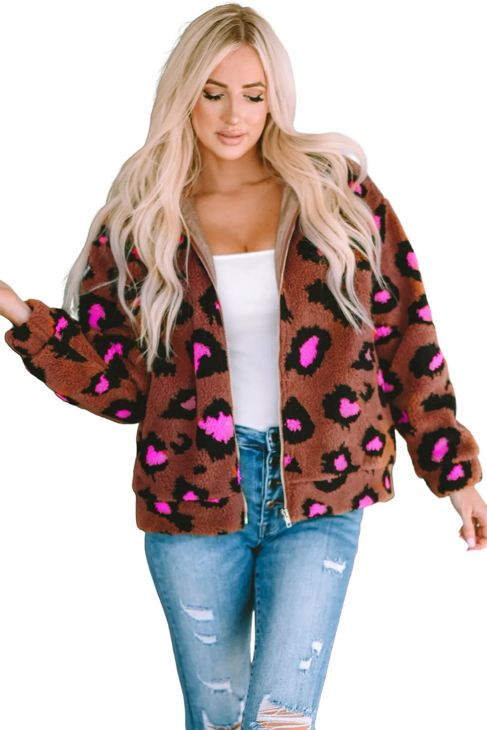 Zip Up Stand Collar Sherpa Leopard Teddy Jacket