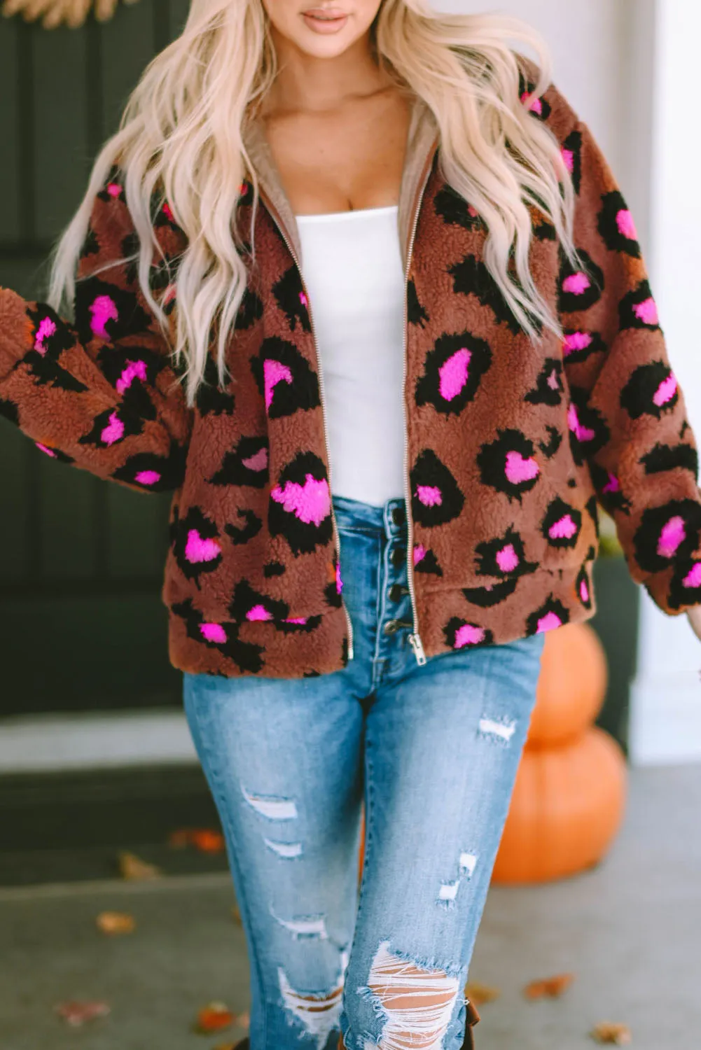 Zip Up Stand Collar Sherpa Leopard Teddy Jacket