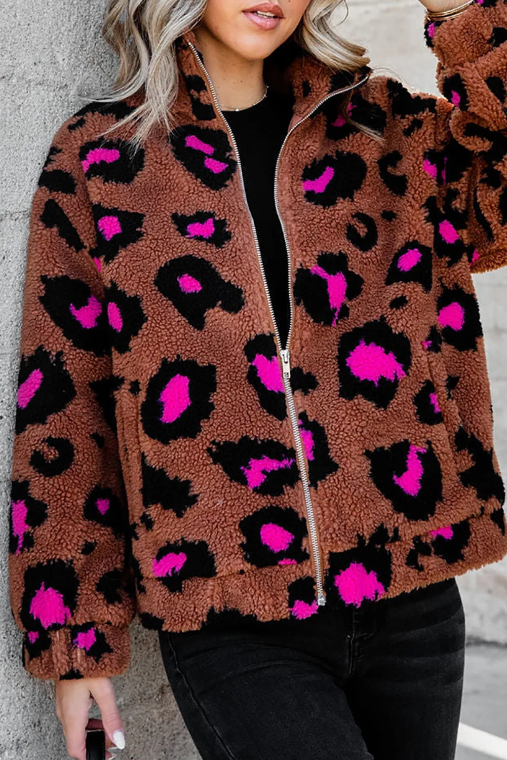 Zip Up Stand Collar Sherpa Leopard Teddy Jacket