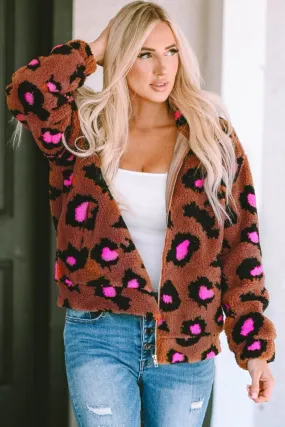 Zip Up Stand Collar Sherpa Leopard Teddy Jacket