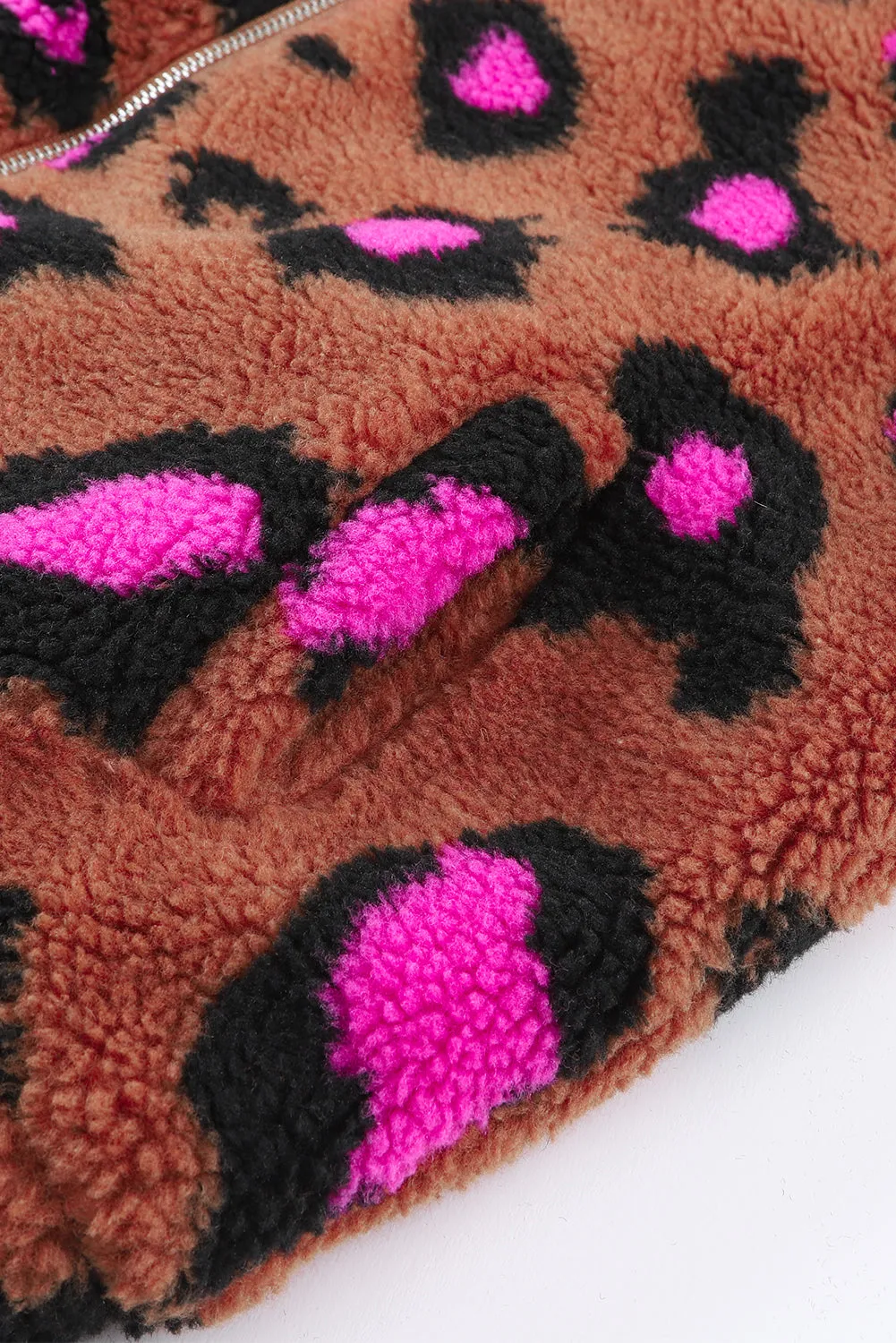 Zip Up Stand Collar Sherpa Leopard Teddy Jacket